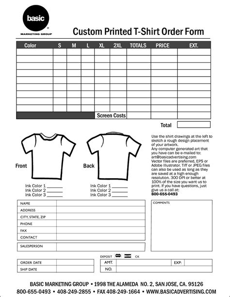 Printable T Shirt Order Form Template Google Docs